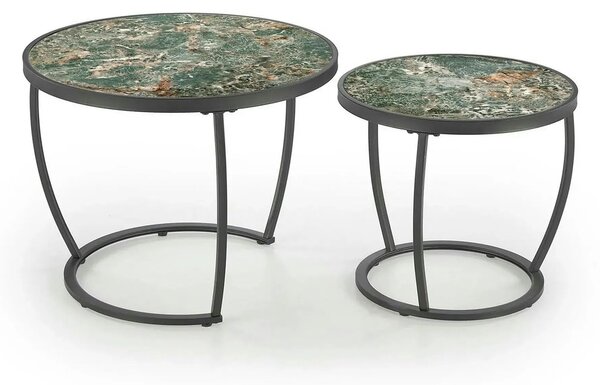 Set 2 masute cafea INES, verde cu efect de marmura/negru, ceramica/met