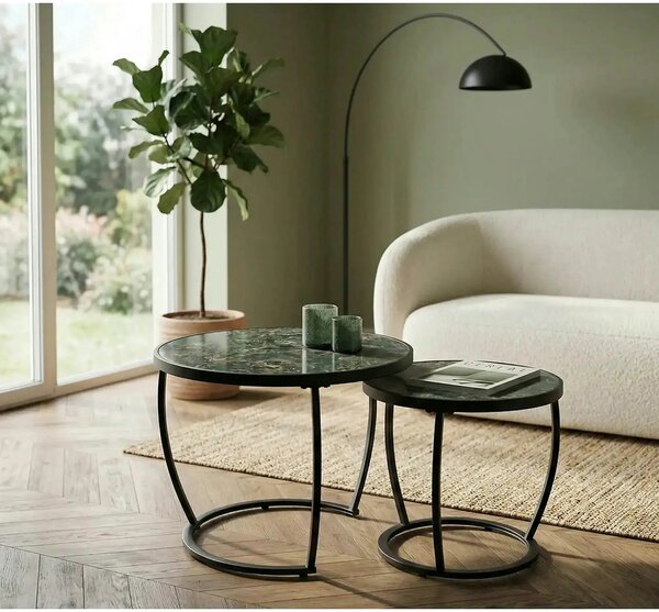 Set 2 masute cafea INES, verde cu efect de marmura/negru, ceramica/met