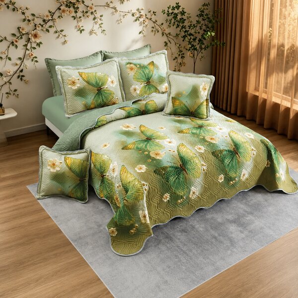 Cuvertura bumbac, 5 piese, pat 2 persoane, 230x250 cm, CB542, model fluturi