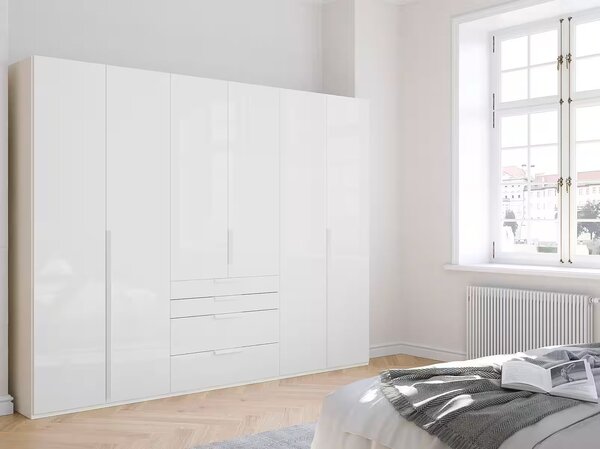 Dulap 300 cm lățime, în stil luxury, culoare albă, mânere albe metalice, material fronturi sticlă