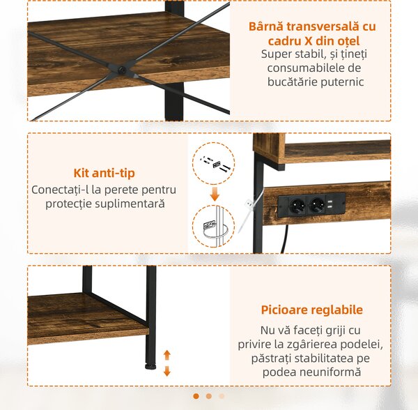 HOMCOM Raft de Bucatarie cu Prize Mutiple, Dulap pentru Microunde cu Rafturi și Mânere din Sârmă Stil Industrial, 90x42x130 cm, Maro | Aosom Romania