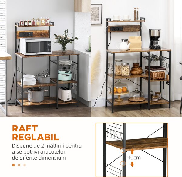 HOMCOM Raft de Bucatarie cu Prize Mutiple, Dulap Bucatarie pentru Microunde cu Rafturi si Cos din Sarma Stil Industrial, 90x42x130cm, Maro