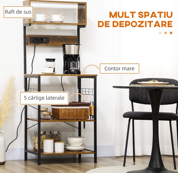 HOMCOM Raft de Bucatarie cu Prize Mutiple, Dulap pentru Microunde cu Rafturi și Mânere din Sârmă Stil Industrial, 90x42x130 cm, Maro | Aosom Romania