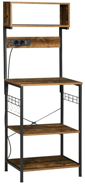 HOMCOM Raft de Bucatarie cu Prize Mutiple, Dulap pentru Microunde cu Rafturi și Mânere din Sârmă Stil Industrial, 90x42x130 cm, Maro | Aosom Romania