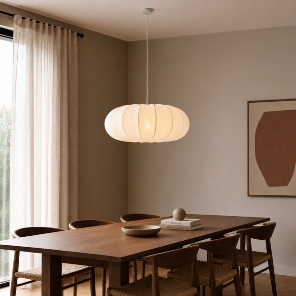 Lindby Lampă suspendată Marielle, Ø 55 cm, albă, din material textil, 3x E27, reglabil, Alb, Camera de zi / sufragerie, Țesătură / Textil, Scandinavă