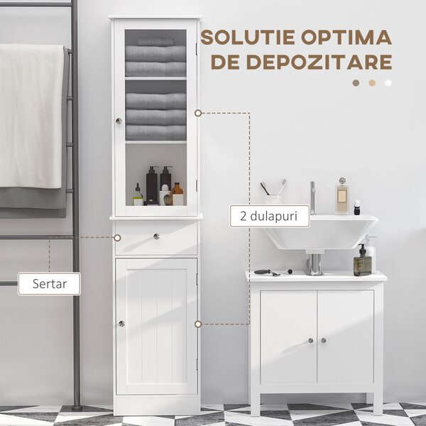 Kleankin Dulap Depozitare Multifuncțional cu Uși și Rafturi pentru Baie Bucătărie Birou Alb | Aosom Romania