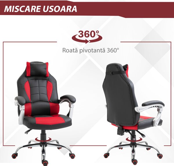 HOMCOM Scaun Gaming Ergonomic cu Inclinare Suport Lombar Tetieră Piele Ecologică Roșu Negru | Aosom Romania