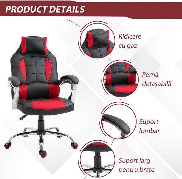 HOMCOM Scaun Gaming Ergonomic cu Inclinare Suport Lombar Tetieră Piele Ecologică Roșu Negru | Aosom Romania