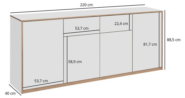 Comoda pentru living COMPLEX, alb, PAL laminat, 220x40x89 cm