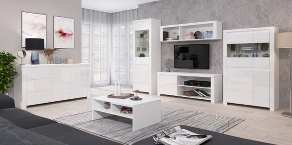 Vitrina living moderna LINGO, alb lucios, PAL laminat, 68x42x202 cm