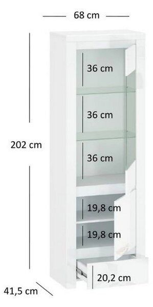 Vitrina living moderna LINGO, alb lucios, PAL laminat, 68x42x202 cm