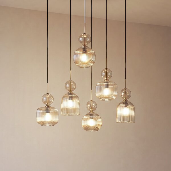 TK Lighting Lampă suspendată Sophia, cu 6 becuri, 65 cm, culoare coniac/negru, E14, reglabil, Gri, Camera de zi / sufragerie, Sticlă