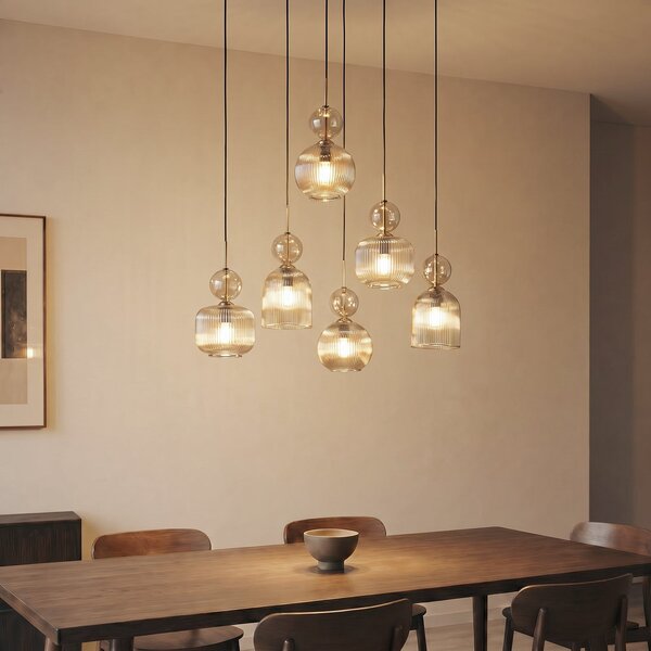 TK Lighting Lampă suspendată Sophia, cu 6 becuri, 65 cm, culoare coniac/negru, E14, reglabil, Gri, Camera de zi / sufragerie, Sticlă