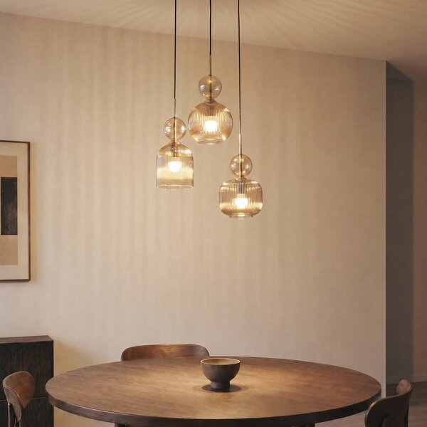 TK Lighting Lampă suspendată Sophia, cu 3 becuri, Ø 41 cm, culoare coniac/negru, E14, reglabil, Gri, Camera de zi / sufragerie, Sticlă