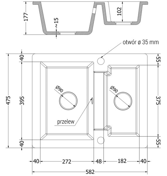 Mexen Carlos, chiuvetă din granit 582x475x177 mm, 1,5 camere, negru, 6518581500-77