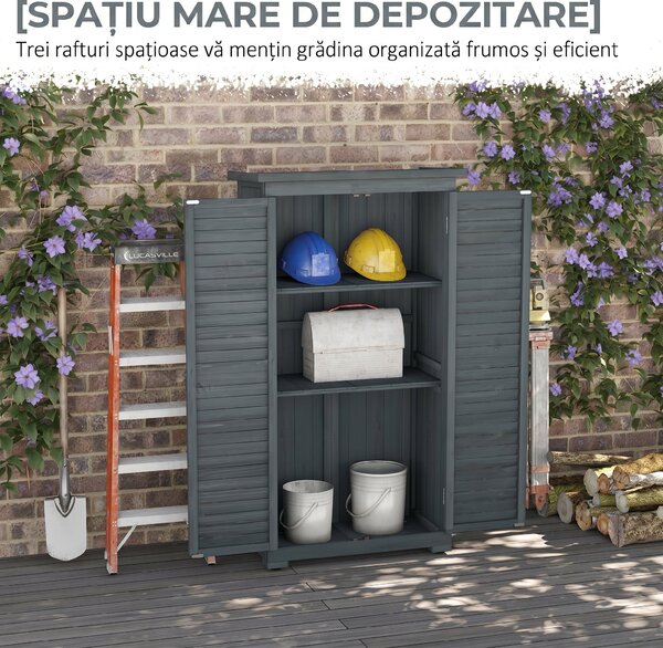 Outsunny Dulap de grădină pentru unelte din lemn, 2 rafturi, acoperiș bituminos, uși cu obloane, 87 x 47 x 160 cm, gri | Aosom Romania