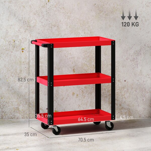 HOMCOM Cărucior Porta Unelte cu 3 Rafturi din Metal și PP, 70.5x35x82.5 cm, Roșu și Negru | Aosom Romania