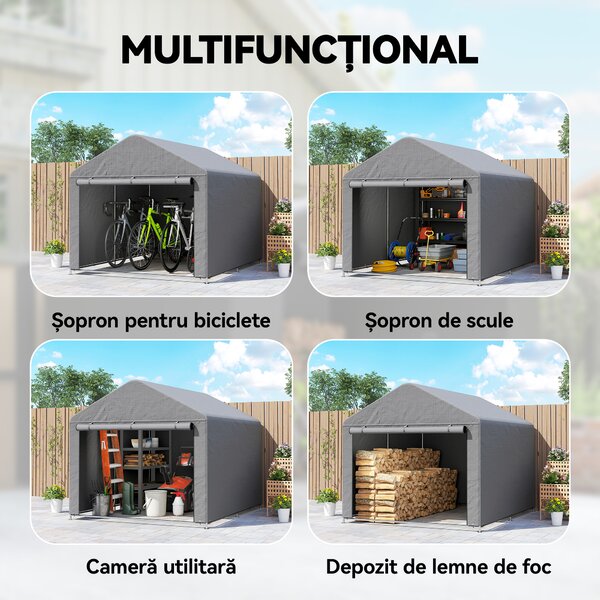 Outsunny 2x2.4 m Cort pentru Depozitare în Grădină, Cort Garaj cu Acoperire Impermeabilă, Ușă Rulabilă cu Fermoar, pentru Biciclete și Unelte, Metal Zincat, Gri Deschis | Aosom Romania