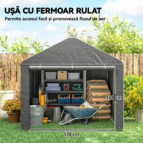 Outsunny 2x2.4 m Cort pentru Depozitare în Grădină, Cort Garaj cu Acoperire Impermeabilă, Ușă Rulabilă cu Fermoar, pentru Biciclete și Unelte, Metal Zincat, Gri Deschis | Aosom Romania