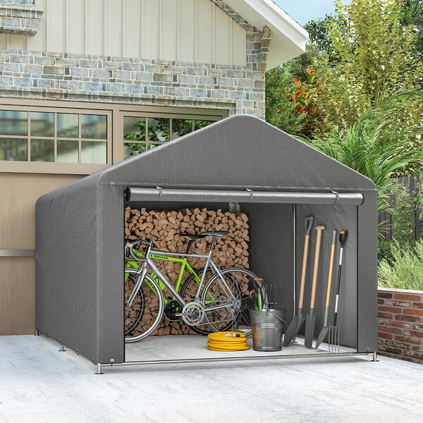 Outsunny 2x2.4 m Cort pentru Depozitare în Grădină, Cort Garaj cu Acoperire Impermeabilă, Ușă Rulabilă cu Fermoar, pentru Biciclete și Unelte, Metal Zincat, Gri Deschis | Aosom Romania
