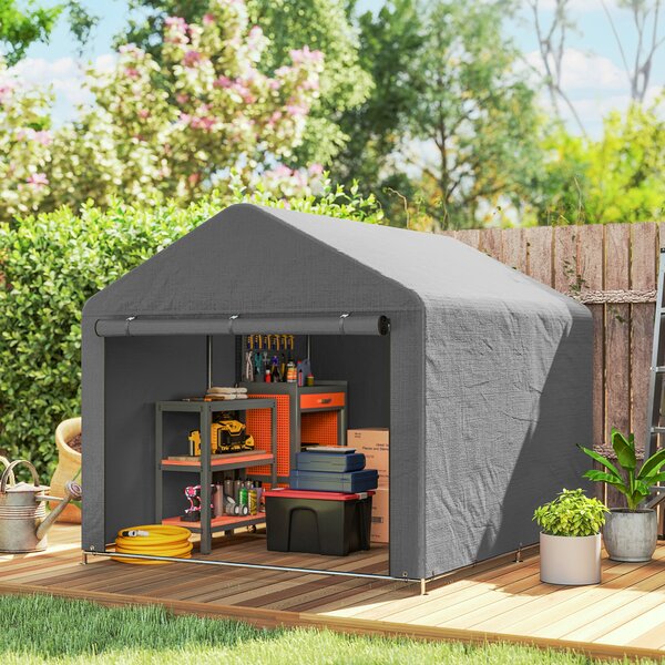 Outsunny 2x2.4 m Cort pentru Depozitare în Grădină, Cort Garaj cu Acoperire Impermeabilă, Ușă Rulabilă cu Fermoar, pentru Biciclete și Unelte, Metal Zincat, Gri Deschis | Aosom Romania