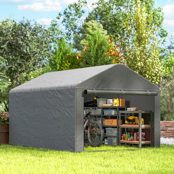 Outsunny 2x2.4 m Cort pentru Depozitare în Grădină, Cort Garaj cu Acoperire Impermeabilă, Ușă Rulabilă cu Fermoar, pentru Biciclete și Unelte, Metal Zincat, Gri Deschis | Aosom Romania