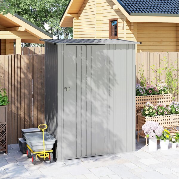 Outsunny Șopron de Grădină 1,07m² din Oțel Galvanizat, Depozit pentru Unelte cu Ușă Blocabilă și Acoperiș Înclinat, 142x86x189 cm, Argintiu | Aosom Romania