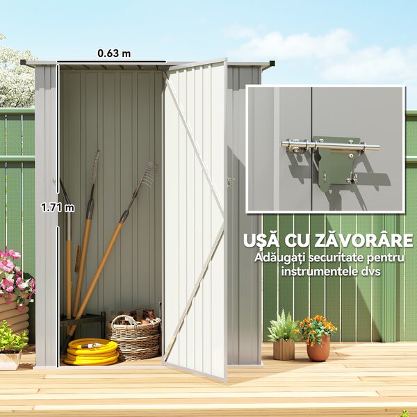Outsunny Șopron de Grădină 1,07m² din Oțel Galvanizat, Depozit pentru Unelte cu Ușă Blocabilă și Acoperiș Înclinat, 142x86x189 cm, Argintiu | Aosom Romania