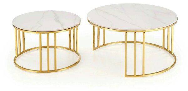 Set 2 masute MERCURY, alb cu efect de marmura/auriu, ceramica/metal