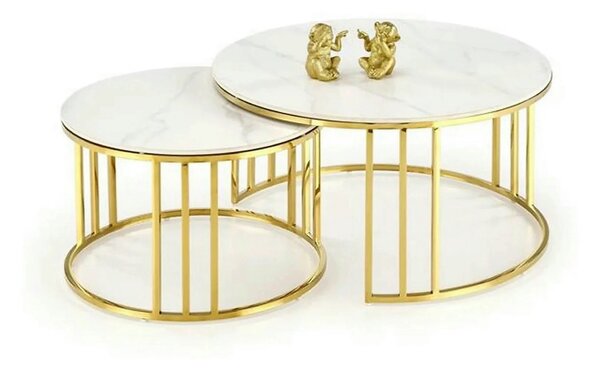 Set 2 masute MERCURY, alb cu efect de marmura/auriu, ceramica/metal