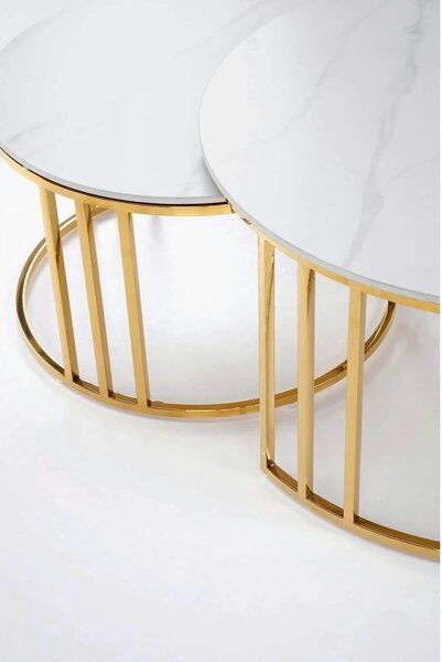 Set 2 masute MERCURY, alb cu efect de marmura/auriu, ceramica/metal