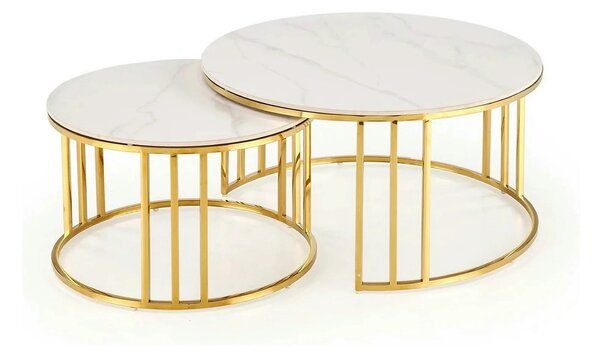 Set 2 masute MERCURY, alb cu efect de marmura/auriu, ceramica/metal