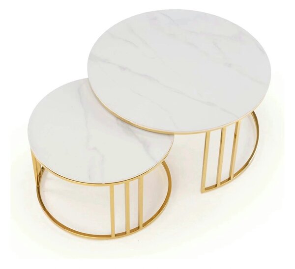Set 2 masute MERCURY, alb cu efect de marmura/auriu, ceramica/metal