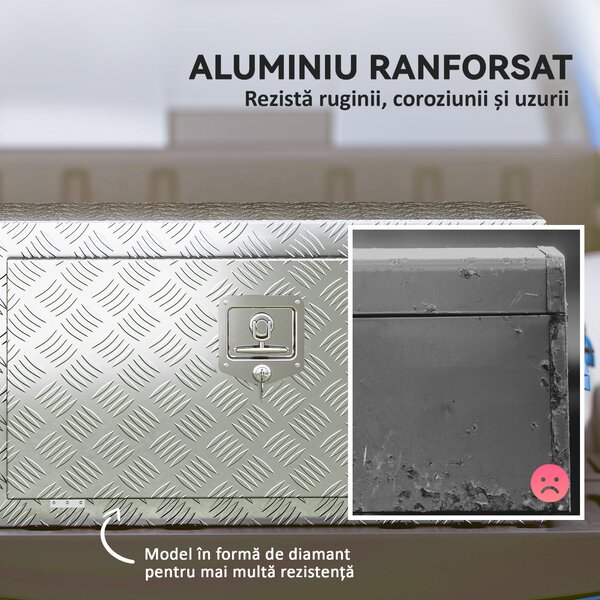 HOMCOM Cutie de Unelte din Aluminiu cu Încuietoare și 2 Chei, Cutie de Depozitare 96L, Rezistentă și Impermeabilă, pentru Pick-Up, Camper, Remorci, 76,2x35,5x40,6cm, Argintiu | Aosom Romania