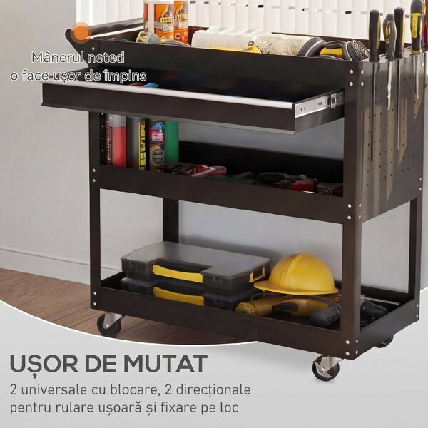 DURHAND Cărucior cu 3 Niveluri din Oțel cu Sertar, Suport Lateral pentru Unelte și Mâner, Negru | Aosom Romania