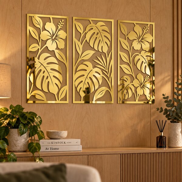 Set 3 decorațiuni de perete Eleganță Tropicală – Plexiglas Oglindă Auriu, 20 × 40 cm | NOOT