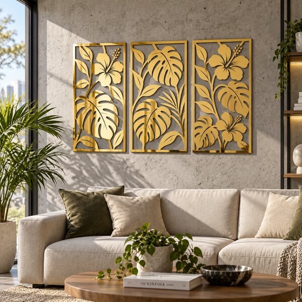 Set 3 decorațiuni de perete Eleganță Tropicală – Plexiglas Oglindă Auriu, 20 × 40 cm | NOOT