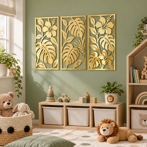 Set 3 decorațiuni de perete Eleganță Tropicală – Plexiglas Oglindă Auriu, 20 × 40 cm | NOOT