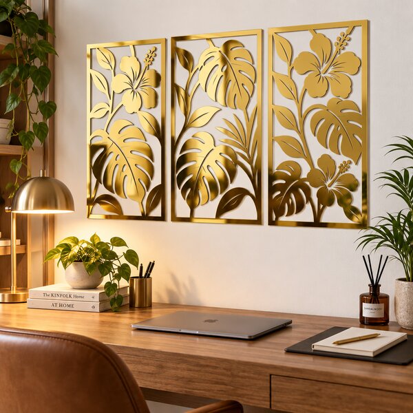 Set 3 decorațiuni de perete Eleganță Tropicală – Plexiglas Oglindă Auriu, 20 × 40 cm | NOOT