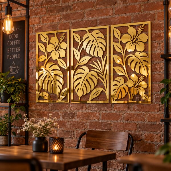Set 3 decorațiuni de perete Eleganță Tropicală – Plexiglas Oglindă Auriu, 20 × 40 cm | NOOT