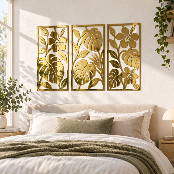 Set 3 decorațiuni de perete Eleganță Tropicală – Plexiglas Oglindă Auriu, 20 × 40 cm | NOOT