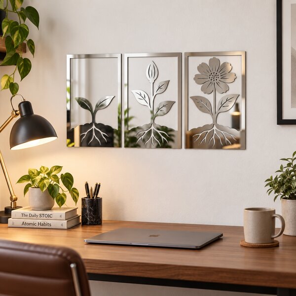 Floral Evolution – Set 3 decorațiuni de perete din plexiglas oglindă argintiu | NOOT