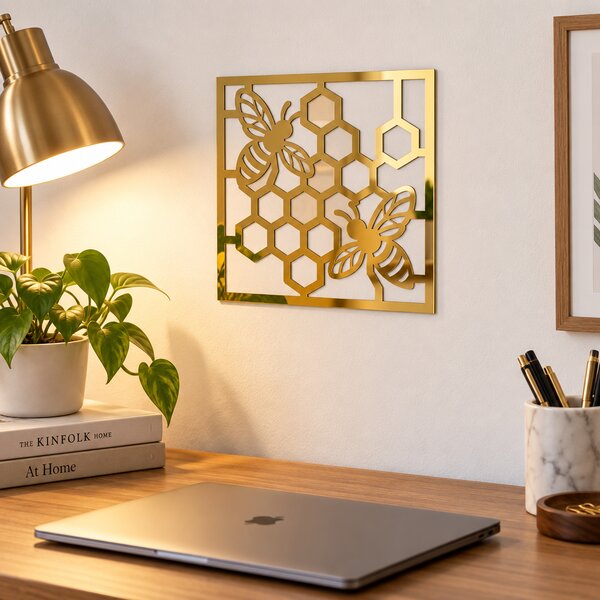 Decorațiune de perete Golden Honeycomb Art – Plexiglas oglindă auriu, 24 × 24 cm | NOOT