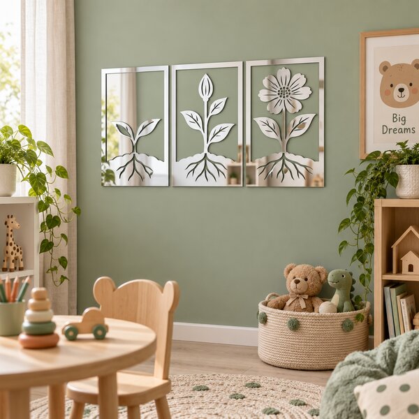 Floral Evolution – Set 3 decorațiuni de perete din plexiglas oglindă argintiu | NOOT