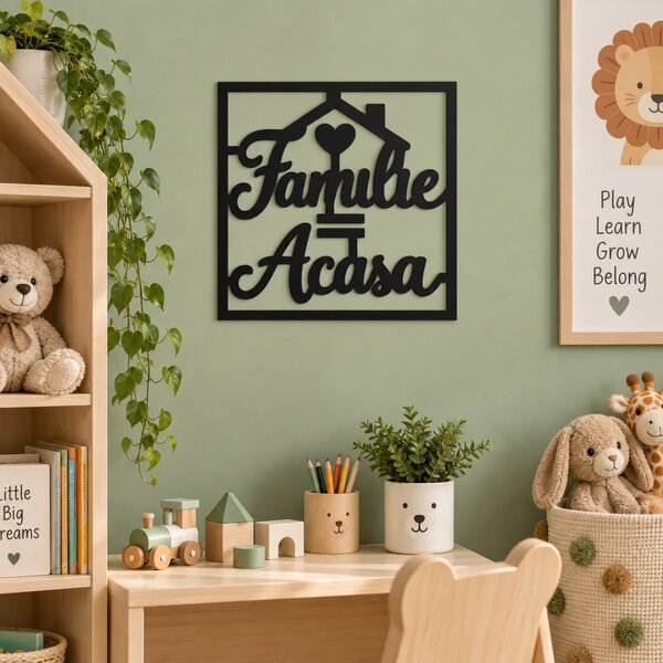 Decorațiune de perete „Familie = Acasă” din plexiglas negru, 30 x 30 cm – NOOT