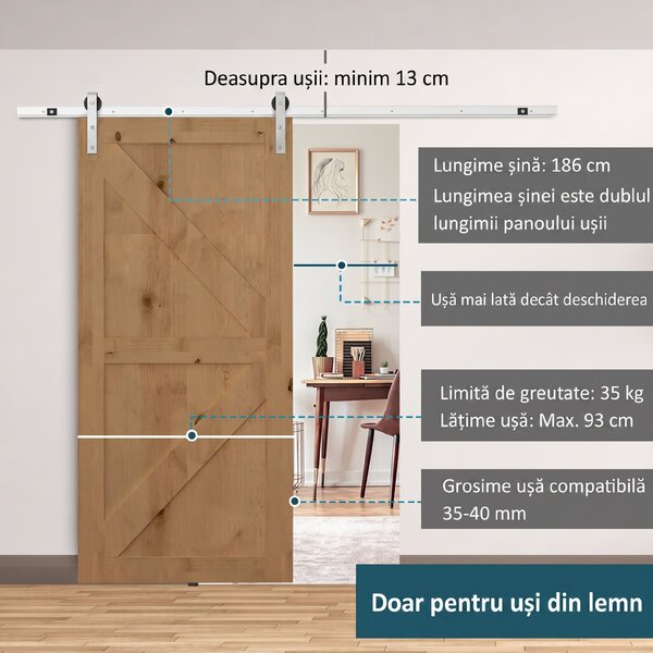Set ușă glisantă metalică HOMCOM cu unelte, role, ghidaj de podea, blocuri și cheie hexagonală, 186x2,5x3,77cm, argintiu | Aosom Romania