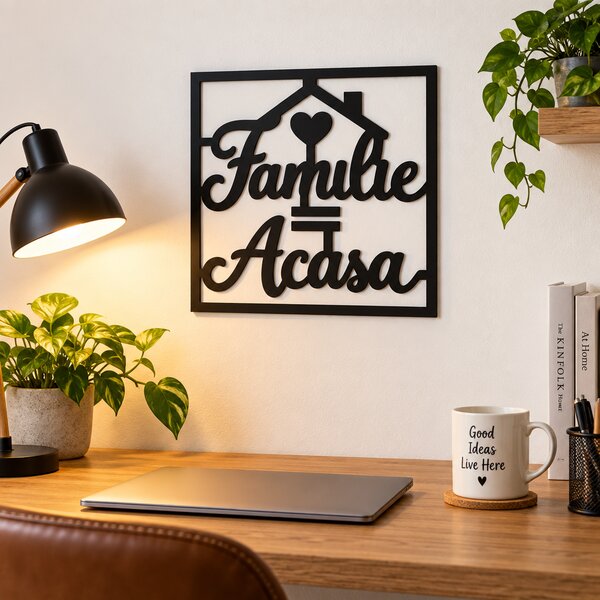 Decorațiune de perete „Familie = Acasă” din plexiglas negru, 30 x 30 cm – NOOT