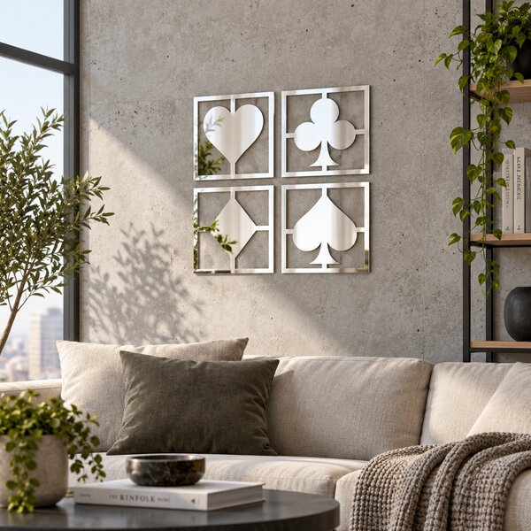 Poker Glam Set NOOT – 4 tablouri decorative din plexiglas oglindă argintiu, 24 × 24 cm
