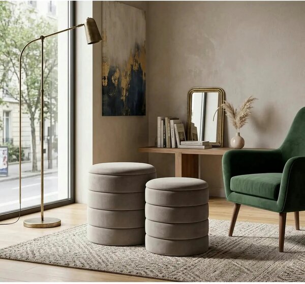 Set 2 taburete PACHO, stofa catifelata bej, cu spatiu depozitare