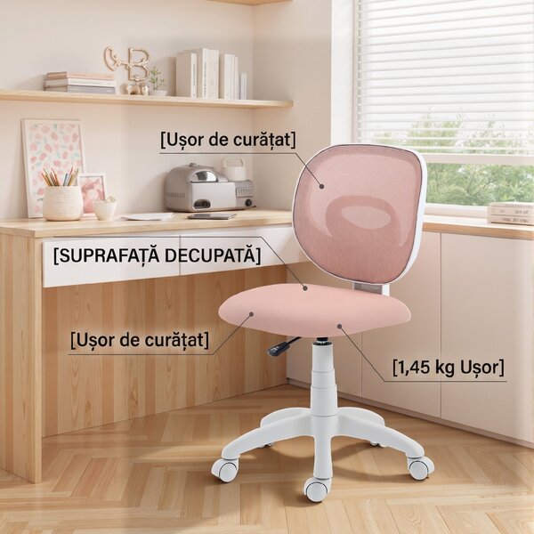 HOMCOM Scaun de Birou Ergonomic Rotativ din Material Tip Plasă Respirabil Fără Brațe, Înălțime Reglabilă, Roz | Aosom Romania